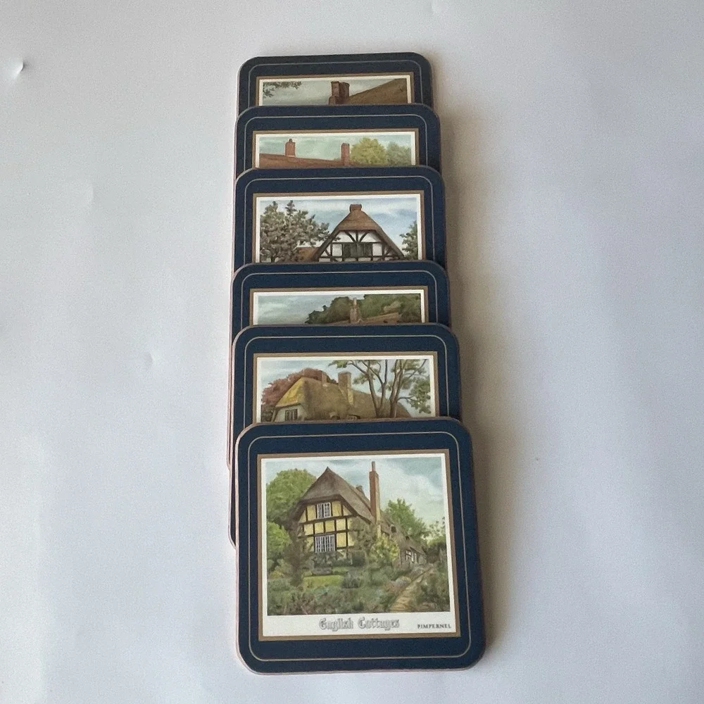 Vintage Pimpernel English Cottages Coaster Set of 6 Cork Backed Made In England